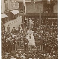 "Irving unveiling the memorial to Kit Marlowe at Canterbury photo by H.B. Collis." Alt Text Source: Folger Shakespeare Library